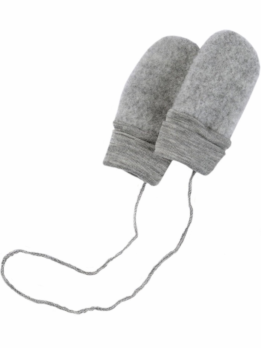 Gray Engel Boiled Wool Baby Mittens with Wrist Cuffs and Connecting String